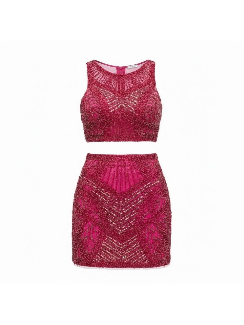 Sherri Hill Fuchsia Gold Beaded Sequin Halter Skirt Set Size 4 - Picture 2 of 11